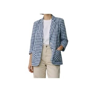Vintage Catalina Blue Gingham Check Blazer Jacket Size 14 Long Sleeve 80s Style